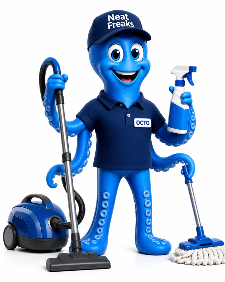 Octo, the Neat Freaks octopus mascot, holding a spray bottle with a vacuum and mop